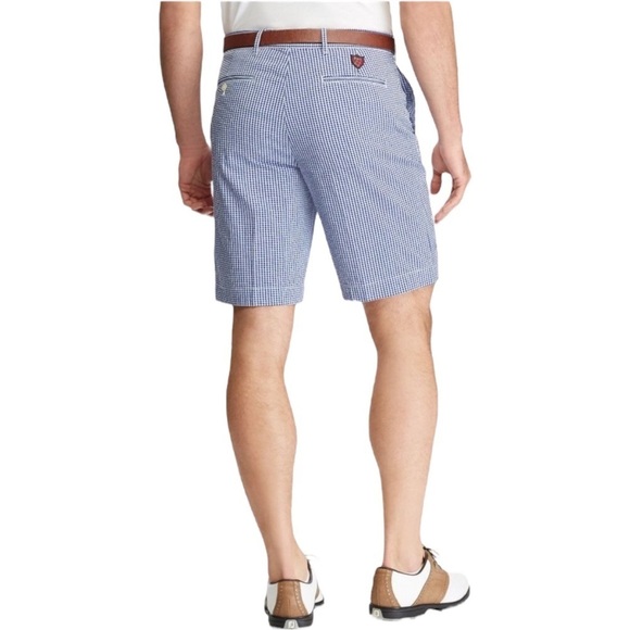POLO GOLF Ralph Lauren Cotton Blue/White Gingham Flat Front Shorts Size 36 - Picture 2 of 11